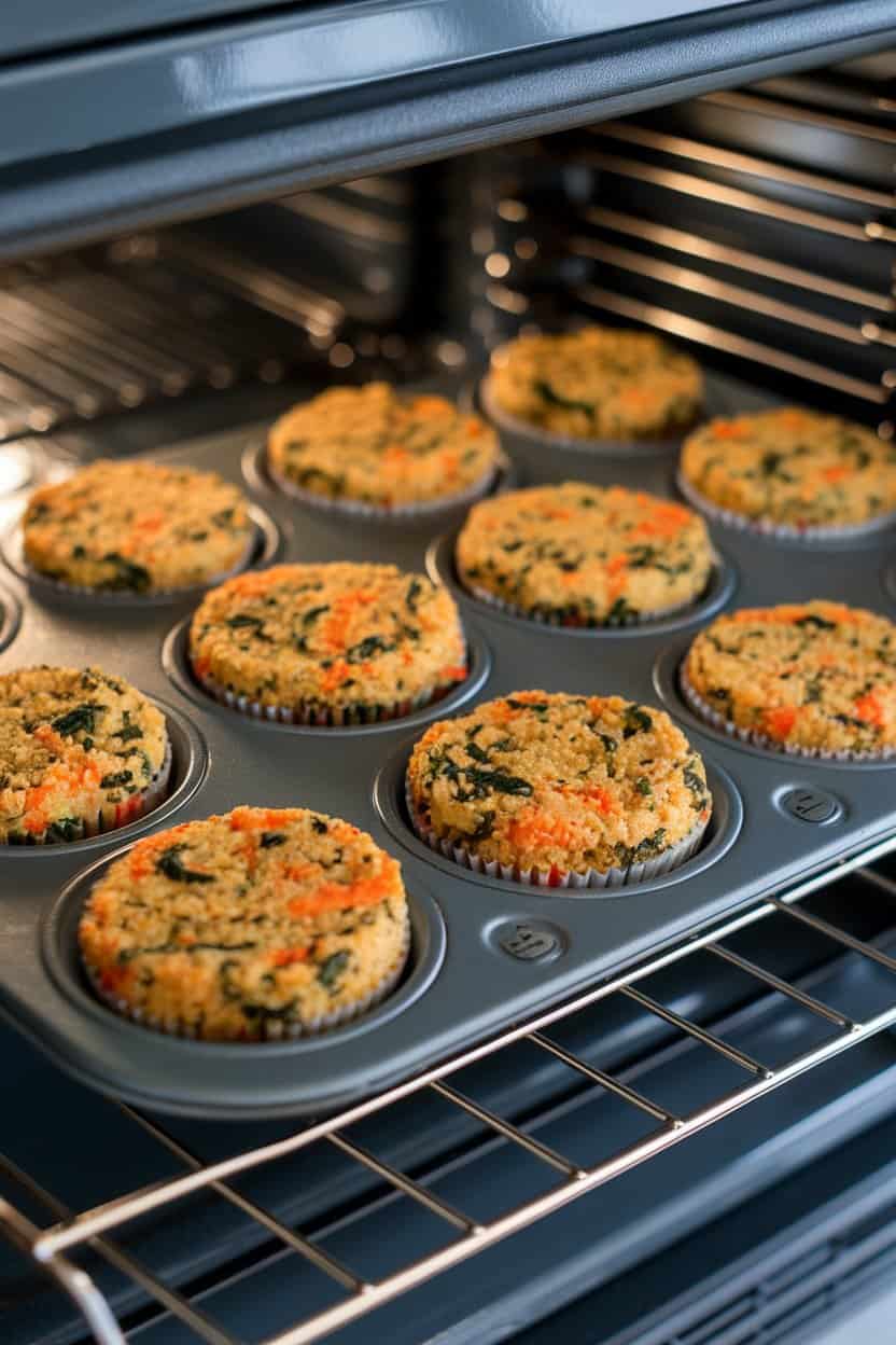  An indoor oven rack view of a mini-muffin tin filled with golden quinoa veggie cakes, bits of carrot and spinach visible—no brand names or logos.