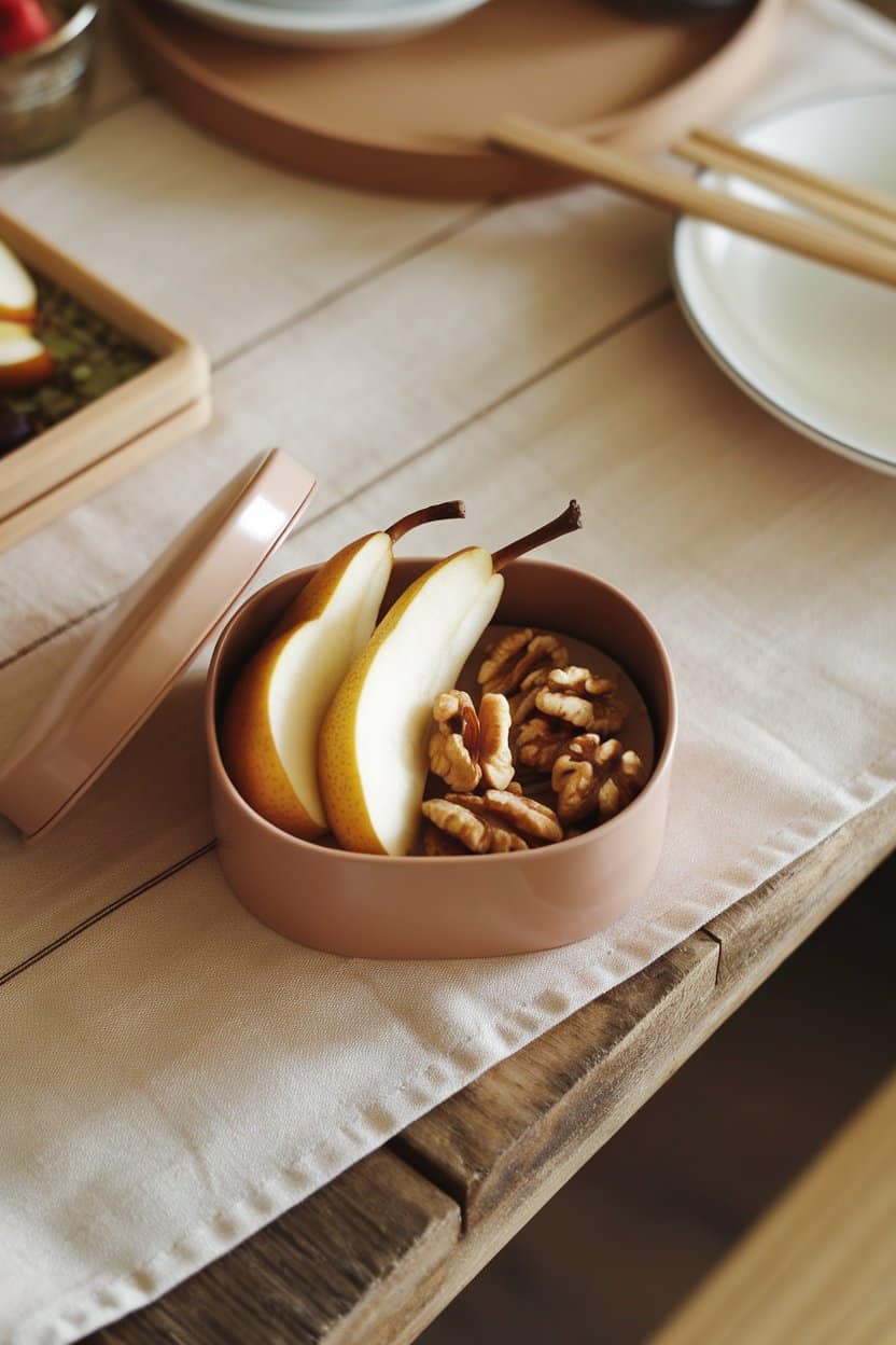Indoor picnic table setting with a small container holding fresh pear slices and a handful of walnut halves side by side. No logos in frame.