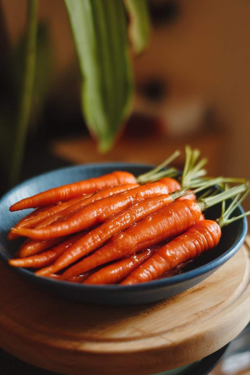 Indoor serving dish of glazed cooked carrots shimmering under warm light. No brand identifiers.