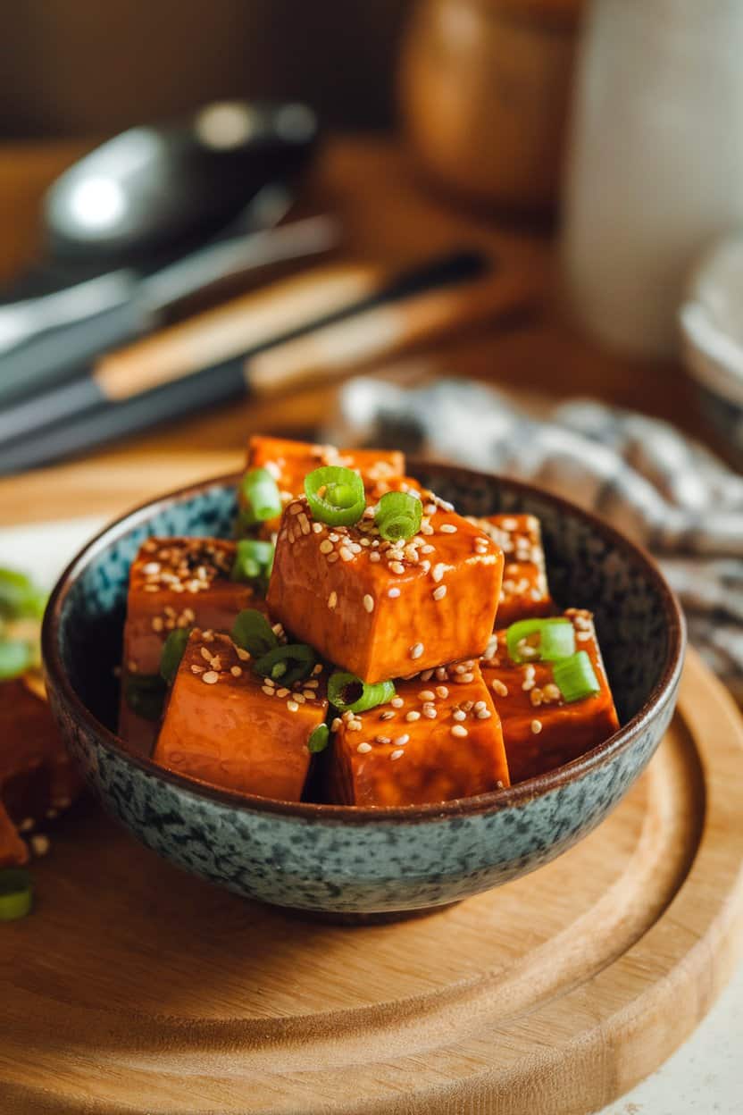 Indoor bowl of glazed tofu cubes sprinkled with sesame seeds and scallions. No logos present