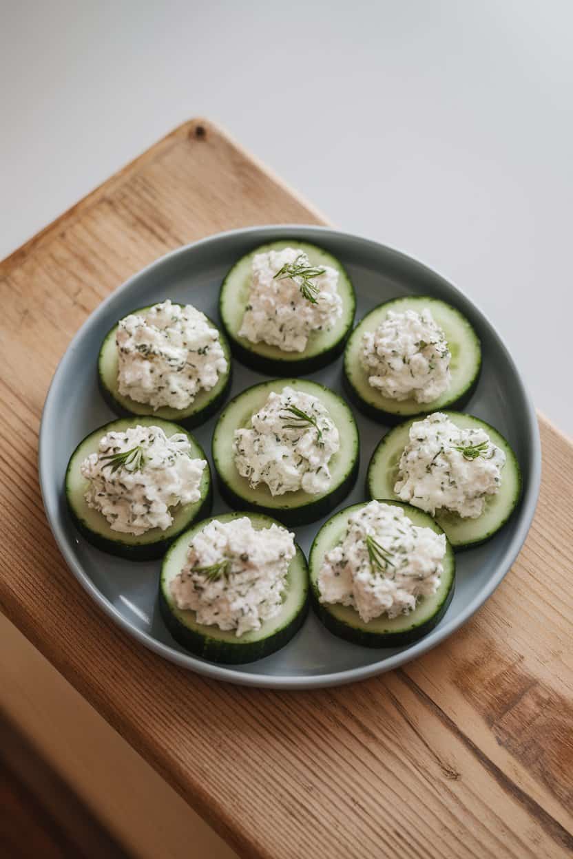  An indoor snack plate with thick cucumber rounds hollowed slightly and filled with herbed cottage cheese, overhead kitchen lighting—no logos or text