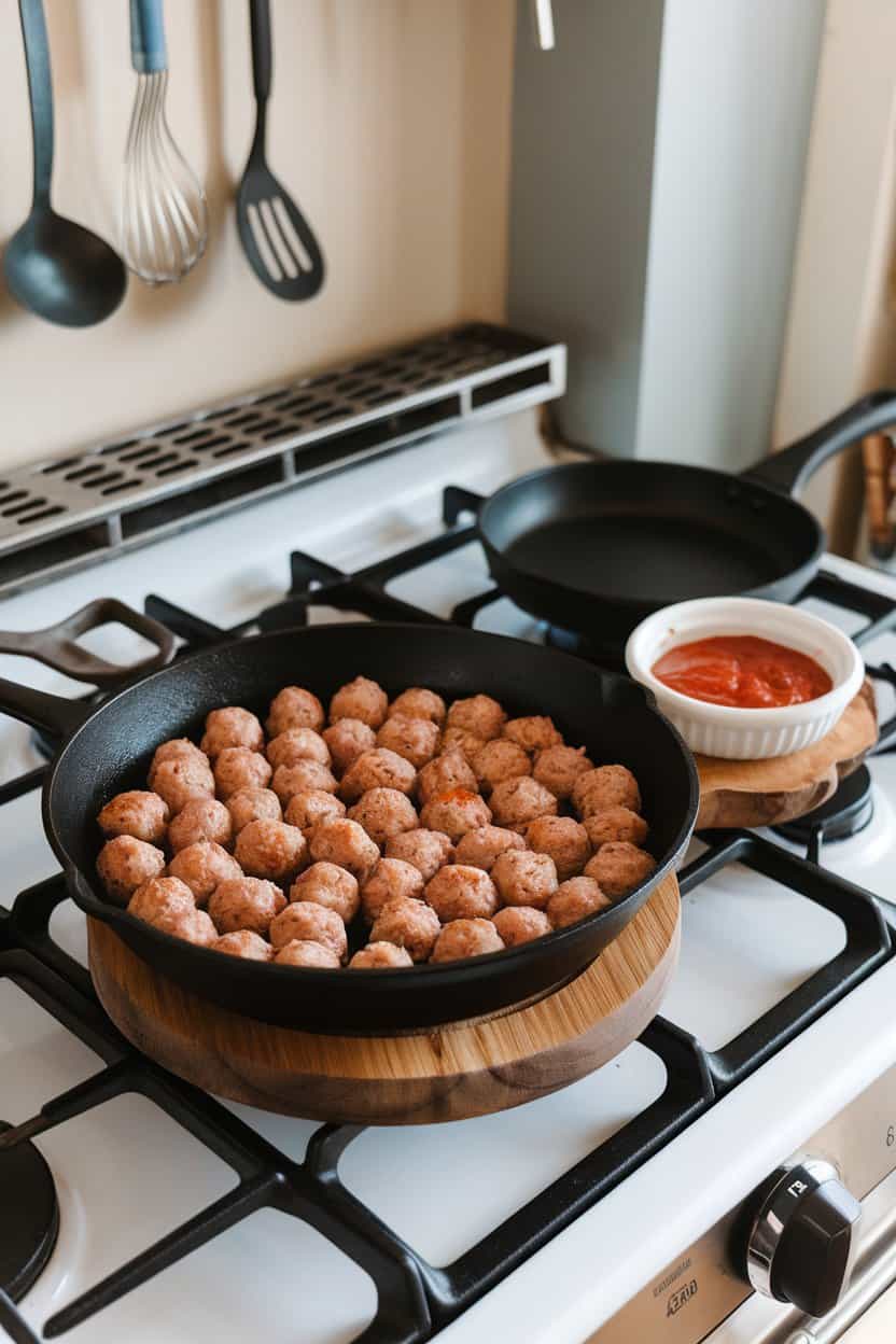An indoor stovetop scene featuring a skillet filled with browned bite-size turkey meatballs, small bowl of marinara on the side—no branding visible.