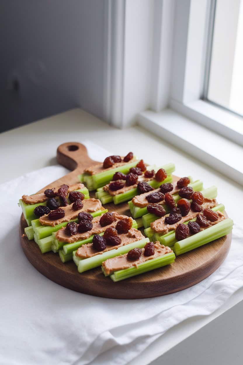 An indoor wooden board with celery sticks spread with almond butter and dotted with plump raisins, daylight from a side window—no text or logos.