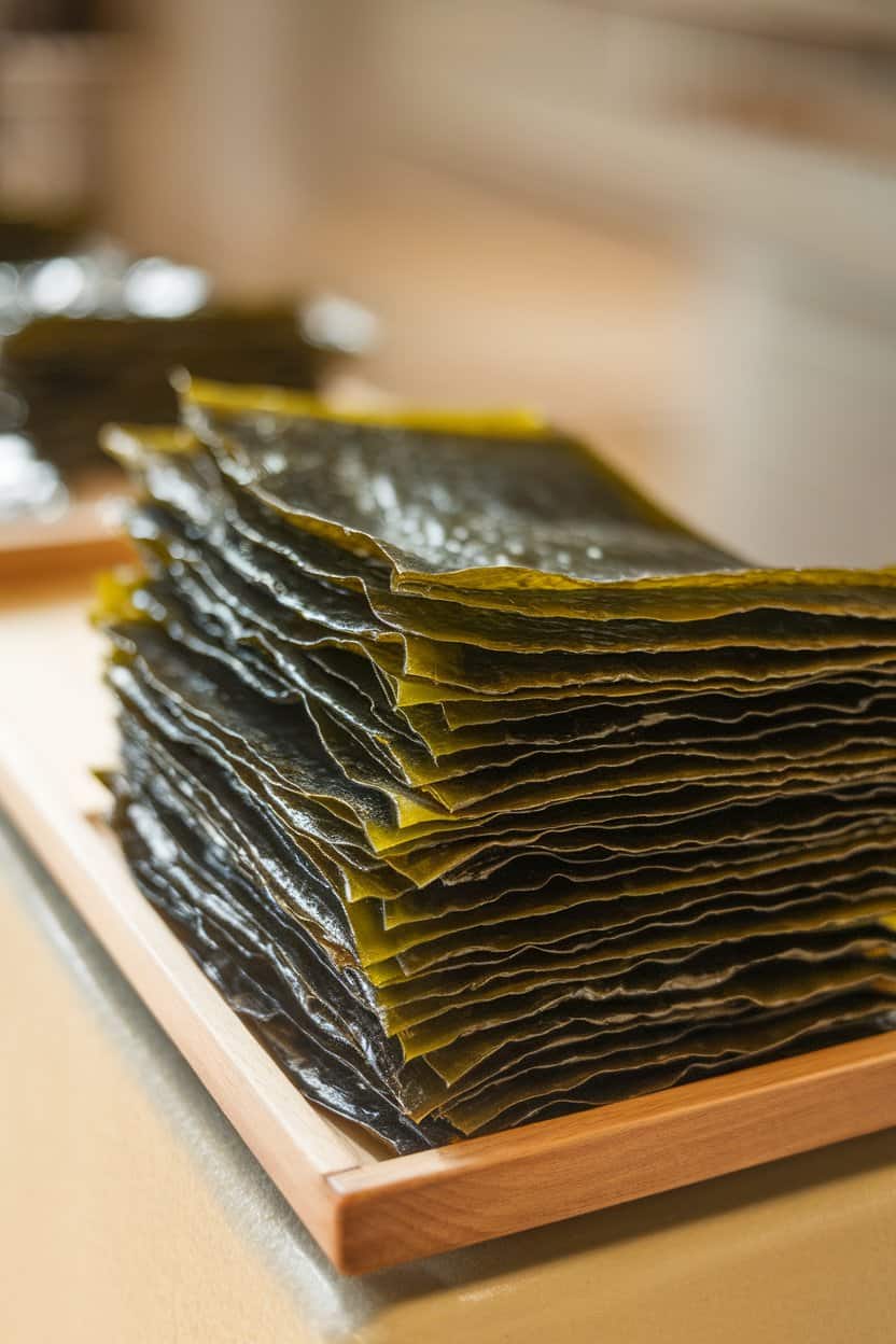 An indoor wooden tray holding neatly stacked, dark green roasted seaweed sheets, light catching their delicate texture. No text or logos.