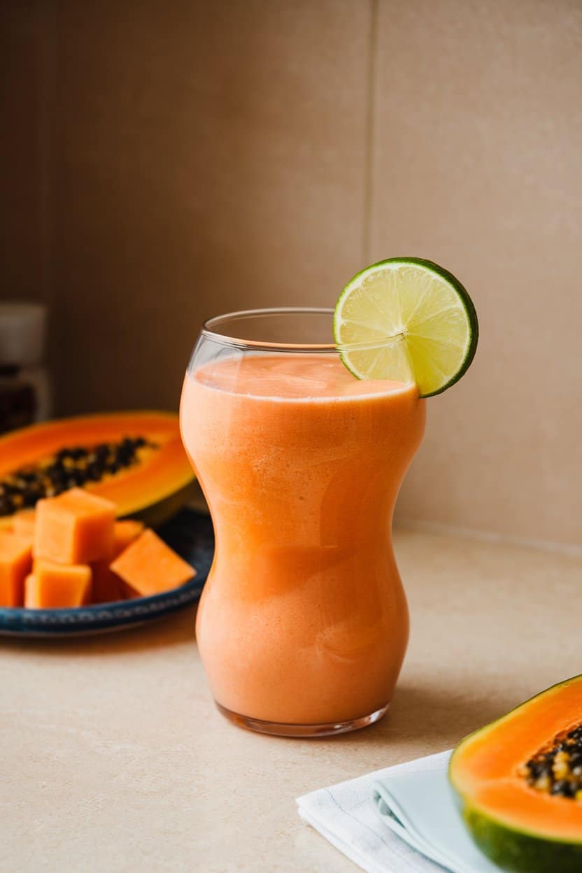  Indoor countertop photo of an orange-pink papaya smoothie in a curved glass, lime wheel on the rim. Papaya cubes on a plate beside; no logos or text.