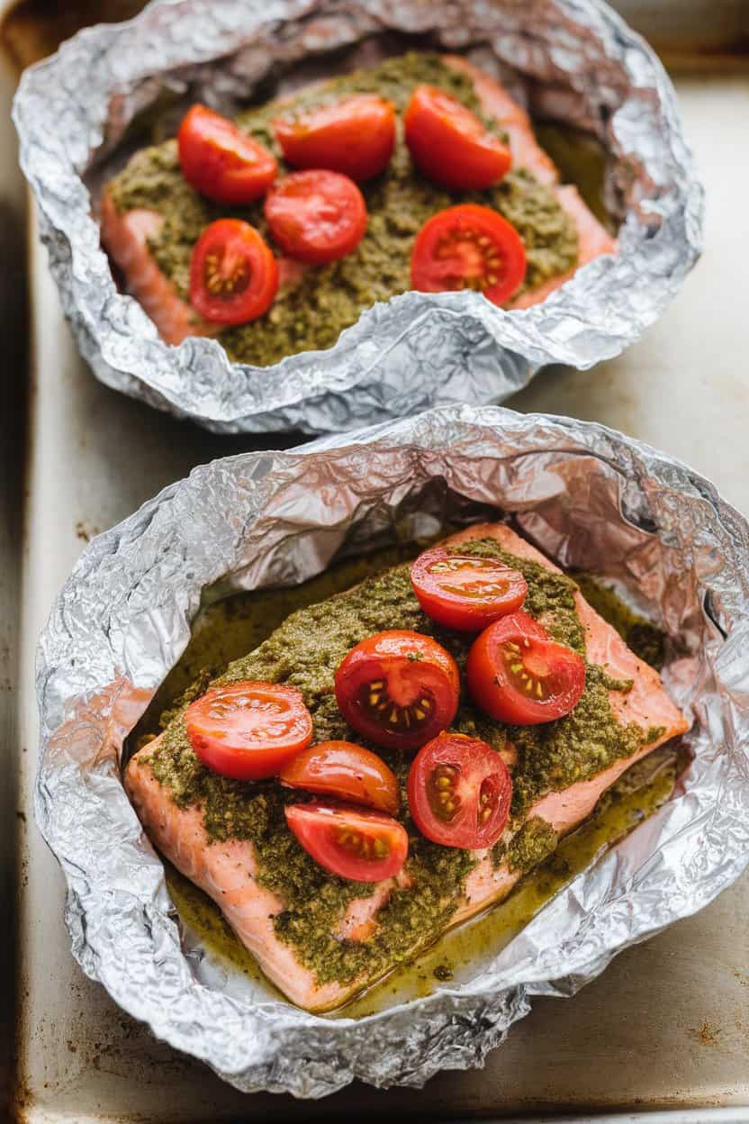 A photo of foil packets containing salmon fillets coated with basil pesto and topped with cherry tomato halves.