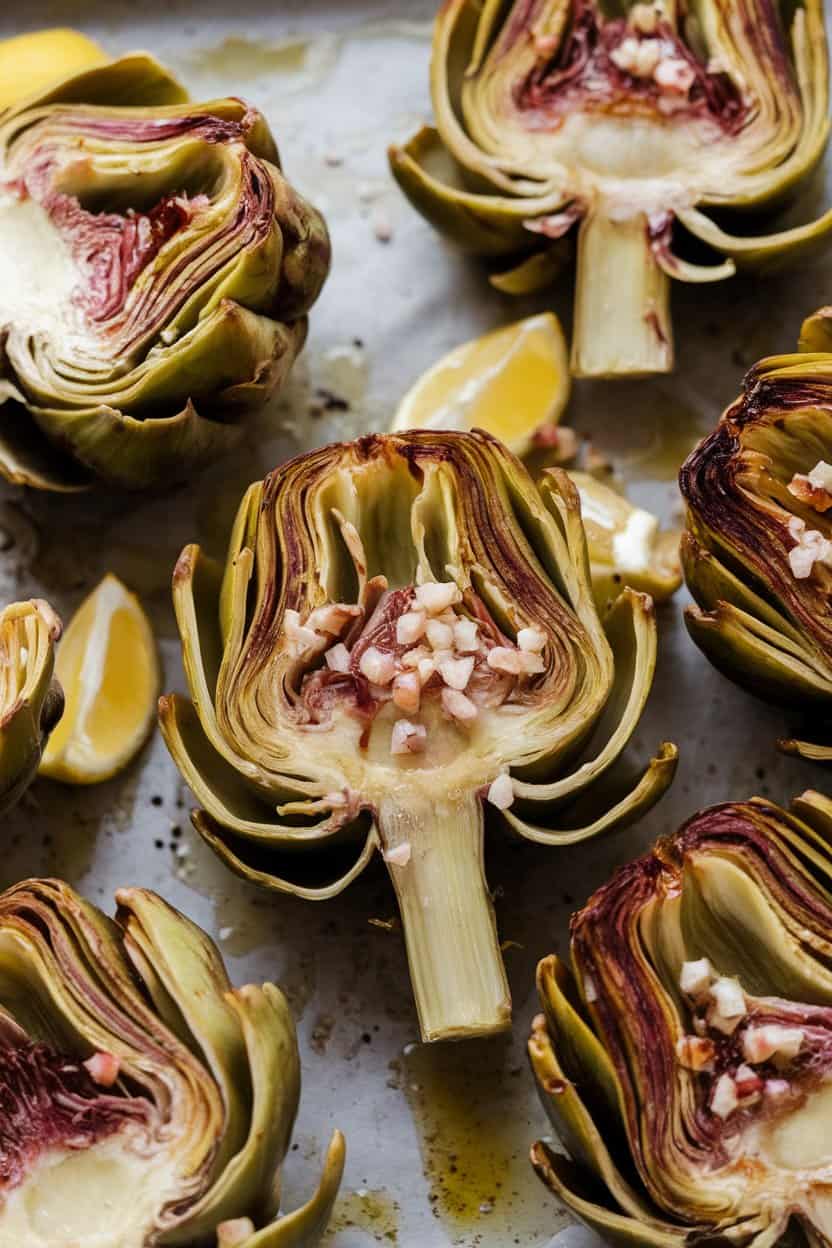 A photo of halved fresh artichokes drizzled with olive oil, lemon juice, minced garlic, and a pinch of salt before roasting.