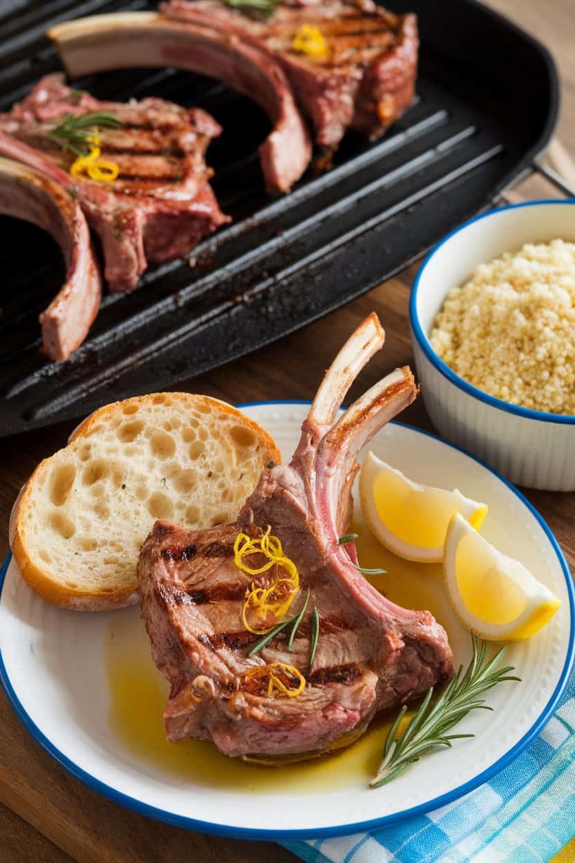A photo of lamb rib chops marinating in olive oil, minced garlic, rosemary, and lemon zest. The chops are placed on a hot grill pan, which gives them a fragrant crust and keeps the center rosy. There's a plate with a perfectly cooked chop, with its juices being absorbed by a piece of bread.