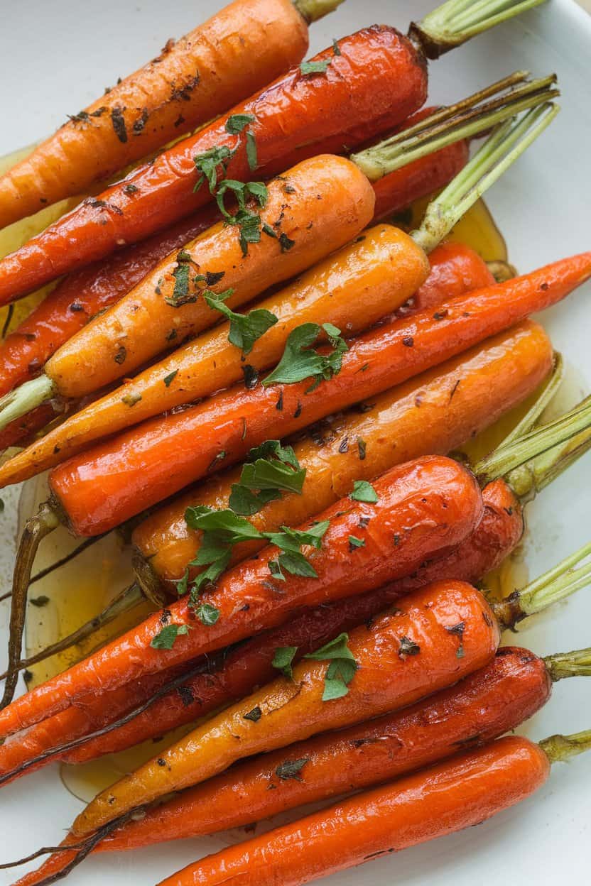 A photo of roasted carrots coated in a blend of harissa paste, olive oil, and honey. The carrots are caramelized and have a spicy-sweet glaze.