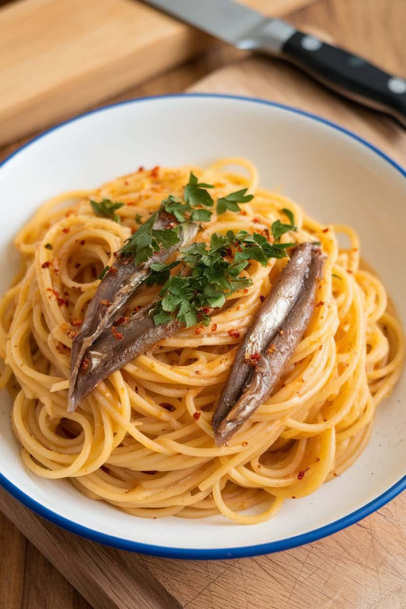 A photo of spaghetti noodles tossed in a fragrant oil sauce with dissolved anchovies, garlic, and red pepper flakes. 