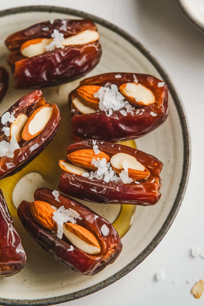 A photo of split Medjool dates filled with almonds. The dates are placed on a plate.