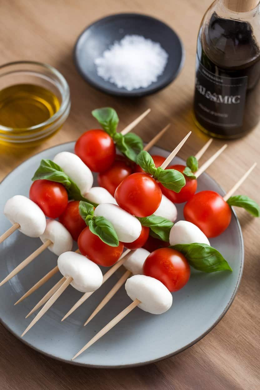A photo of sweet cherry tomatoes, bite-size mozzarella, and fresh basil threaded onto toothpicks.