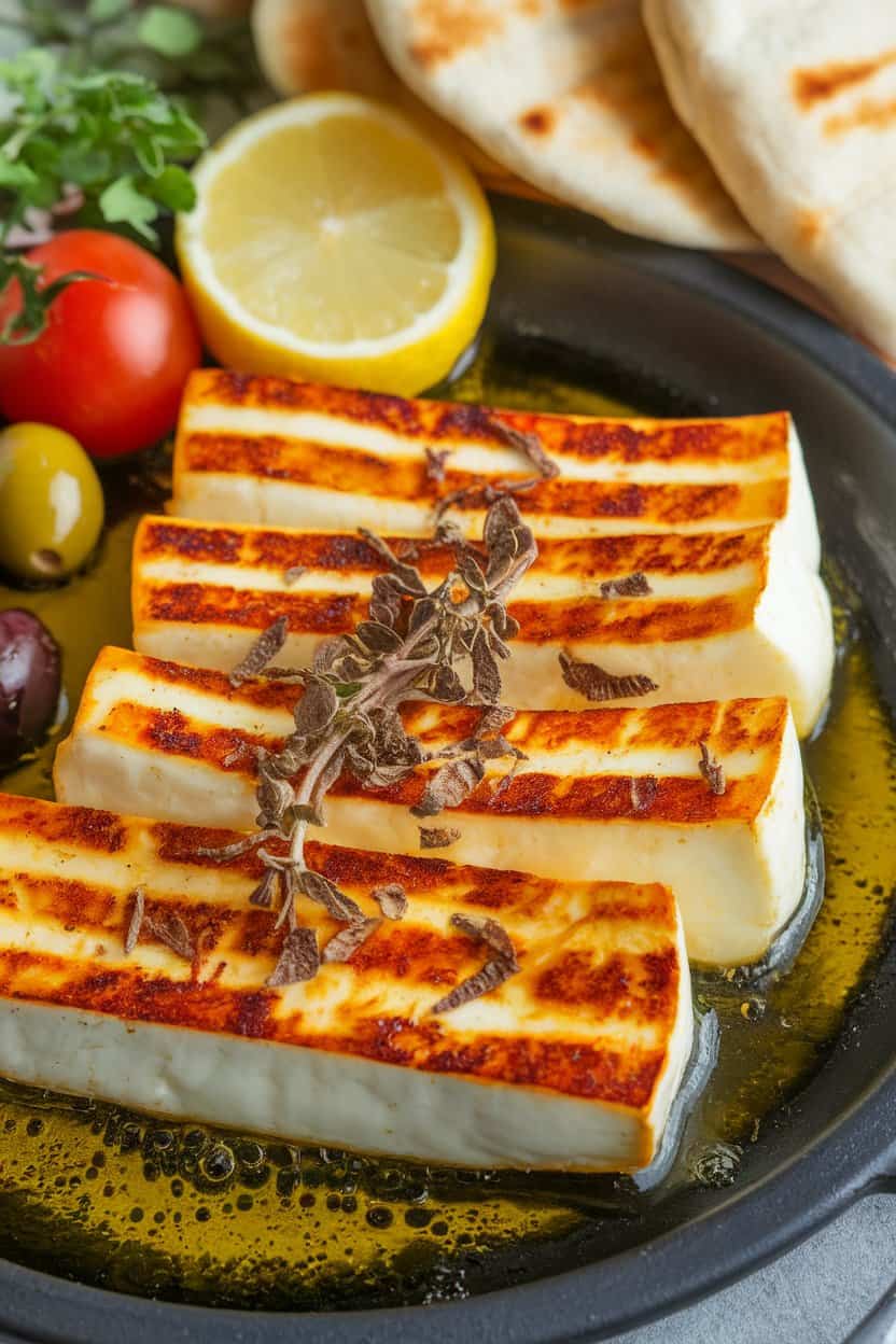 A photo of thick slices of halloumi cheese sizzling in a black plate with olive oil. The cheese is golden and crisp on both sides. 