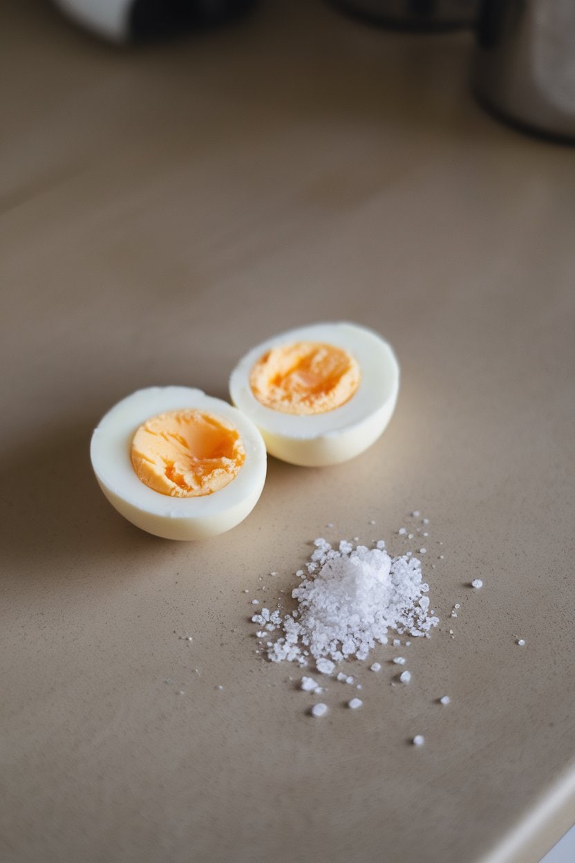  An indoor countertop scene with two peeled hard-boiled eggs halved to reveal bright yolks, a pinch of sea salt nearby. Neutral dishware, no text or logos