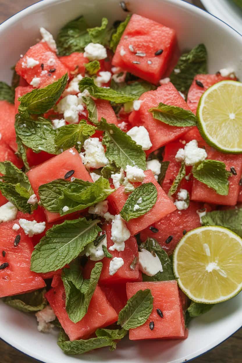 A photo of watermelon, mint, and feta salad. There are large watermelon cubes, torn mint leaves, and crumbled feta cheese.