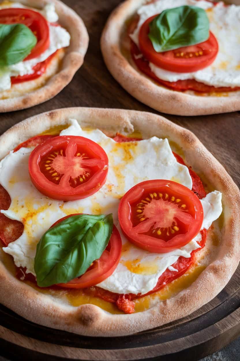 A photo of fluffy pita bread used as a shortcut crust. The pita bread is brushed with olive oil and layered with sliced tomatoes, shredded mozzarella, and basil.