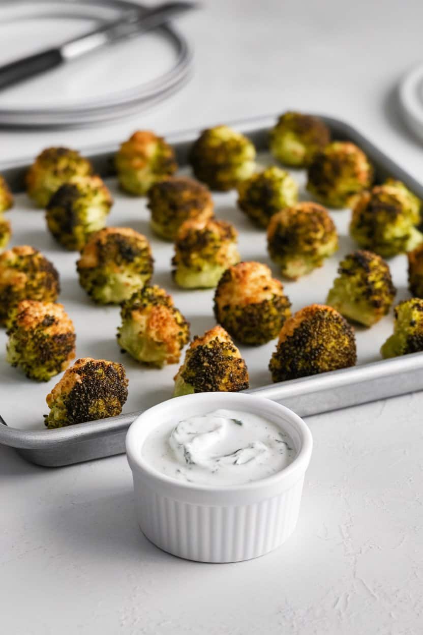  An indoor baking tray lined with crisp broccoli tots arranged neatly, a small ramekin of yogurt ranch nearby—no text or logos.