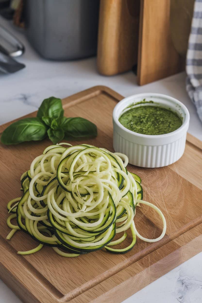  Indoor prep board displaying a small pile of raw zucchini “noodles” next to a ramekin of basil pesto. No text or logos in scene.
