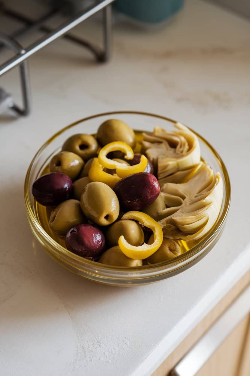 Indoor countertop scene showing a small bowl of mixed olives, banana pepper rings, and artichoke hearts, glistening lightly with oil. No text or logos anywhere