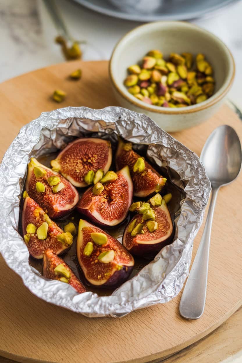 An indoor scene with a foil packet opened to reveal halved figs caramelized with honey and a sprinkle of chopped pistachios. No text or logos.