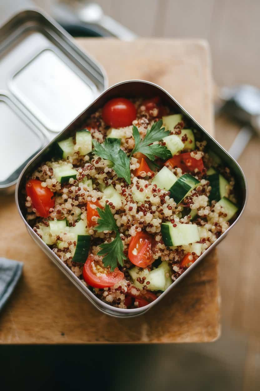 Indoor lunchbox container with colorful quinoa salad—red quinoa, diced cucumbers, cherry tomatoes, and parsley—viewed from overhead. No logos in sight.