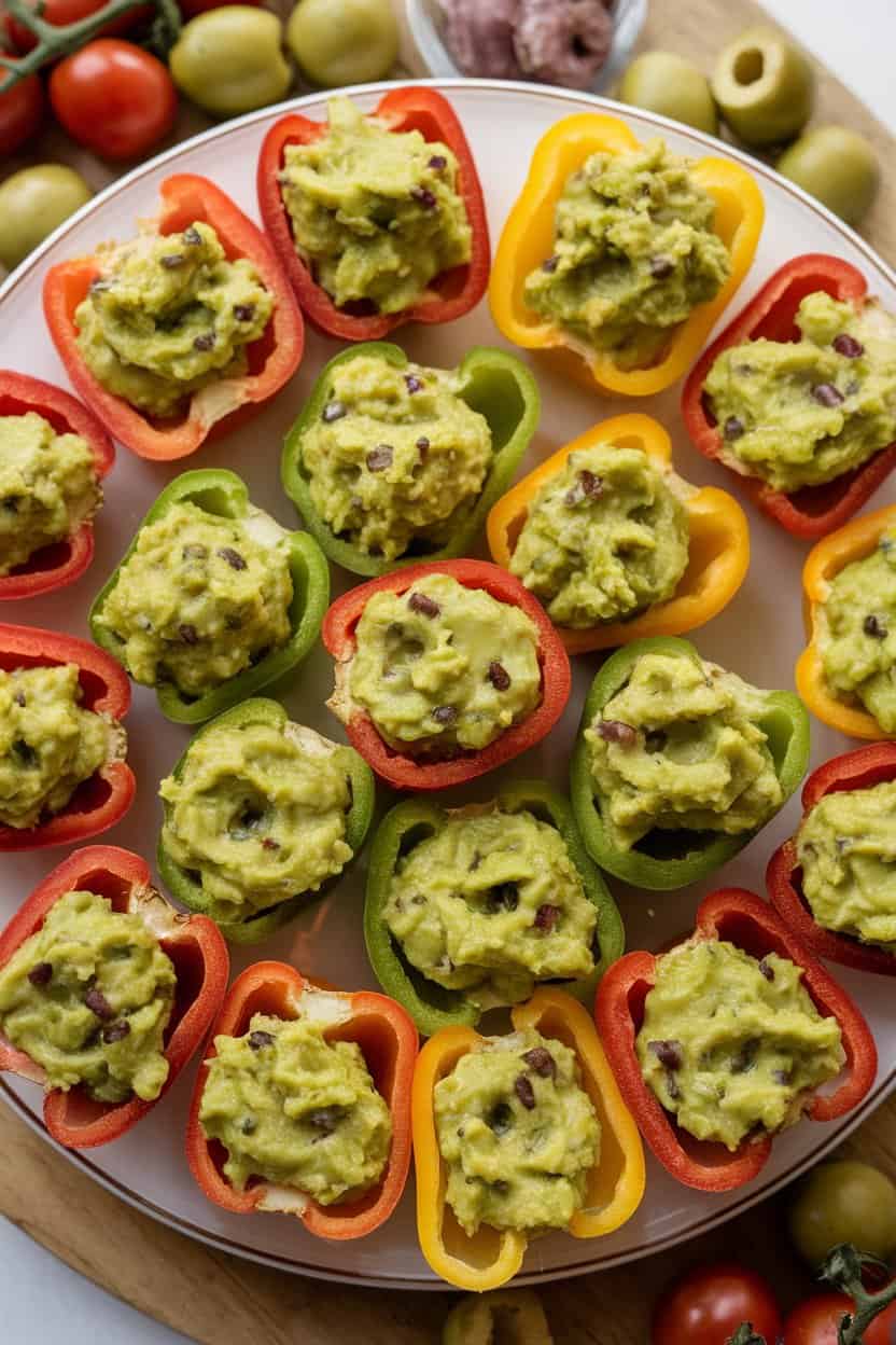Indoor appetizer platter displaying halved mini bell peppers filled with chunky guacamole, shot from overhead. No branding or text anywhere