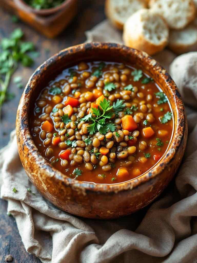 A warm lentil soup served in a rustic bread bowl, garnished with fresh herbs.