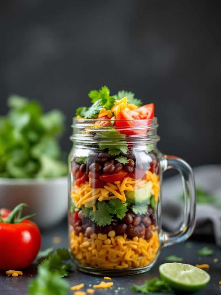 A mason jar filled with layers of taco salad ingredients including beans, cheese, tomatoes, and cilantro.