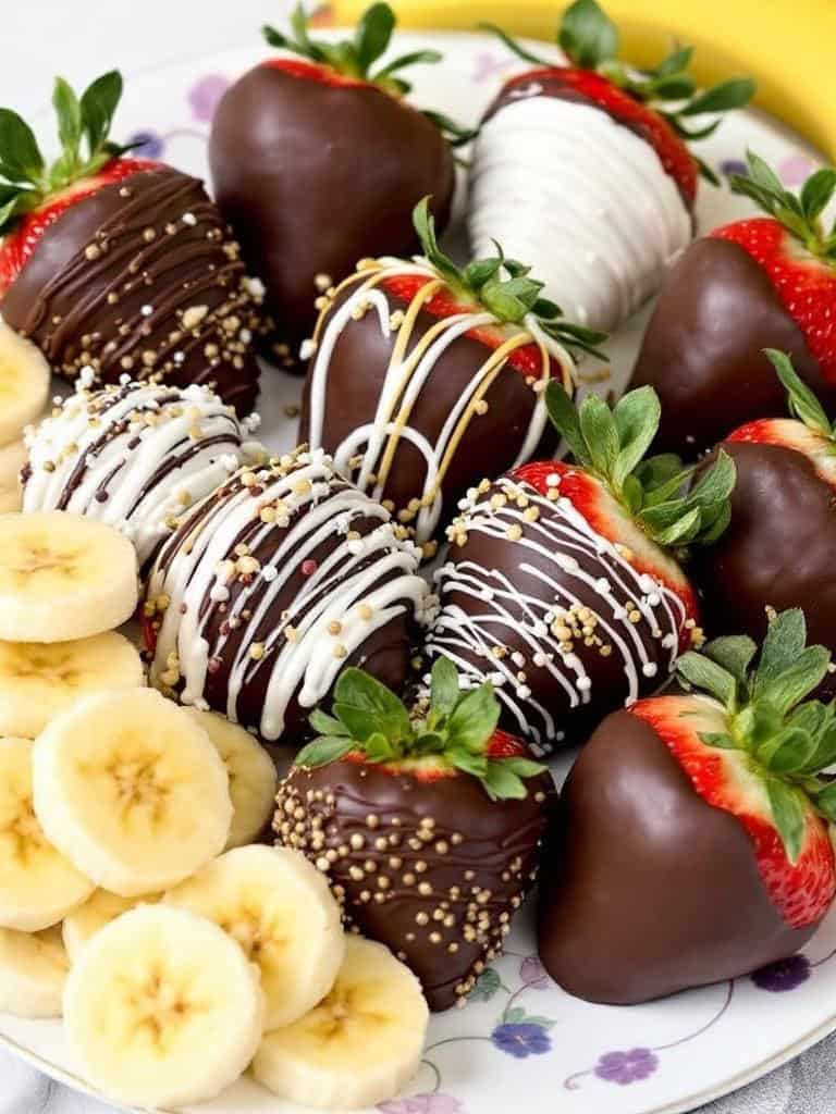 A plate with chocolate-dipped strawberries and a banana.
