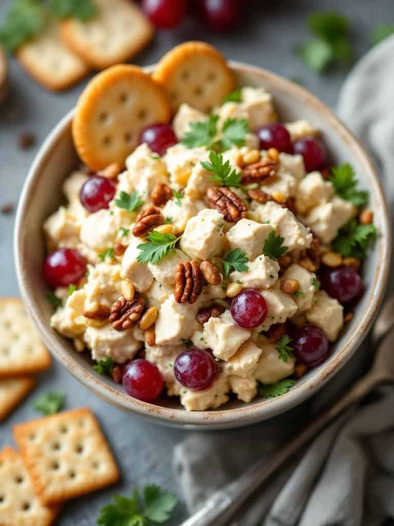 A bowl of homemade chicken salad with grapes, nuts, and crackers.