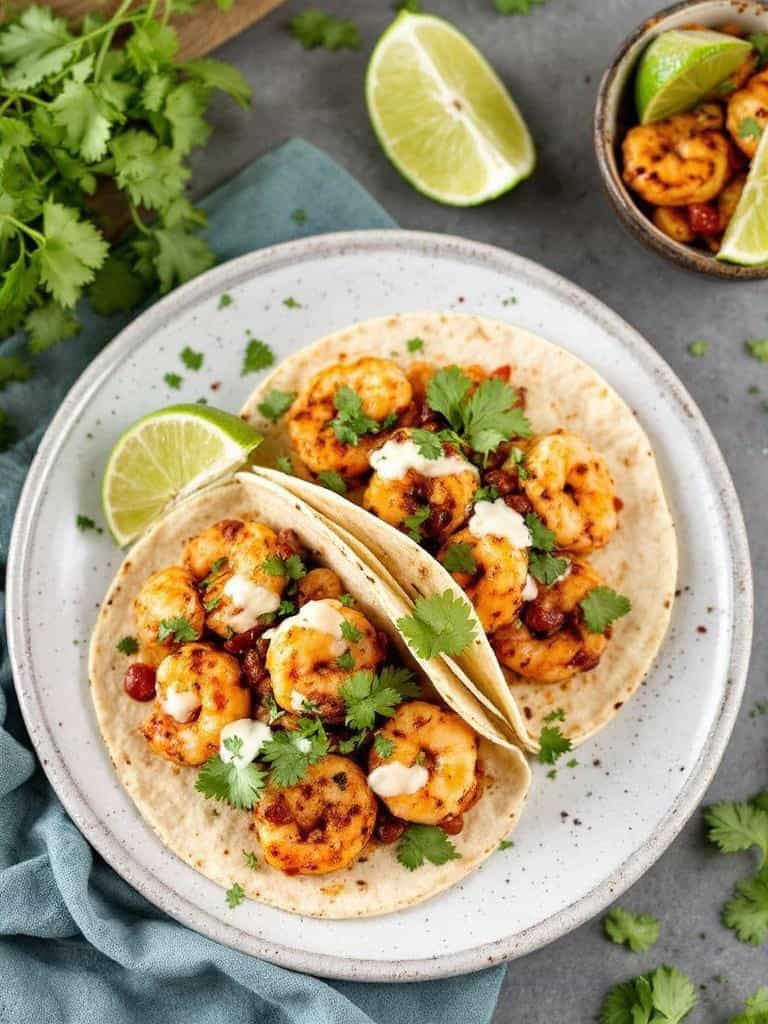 Chili lime shrimp tacos on a plate with lime wedges and cilantro.