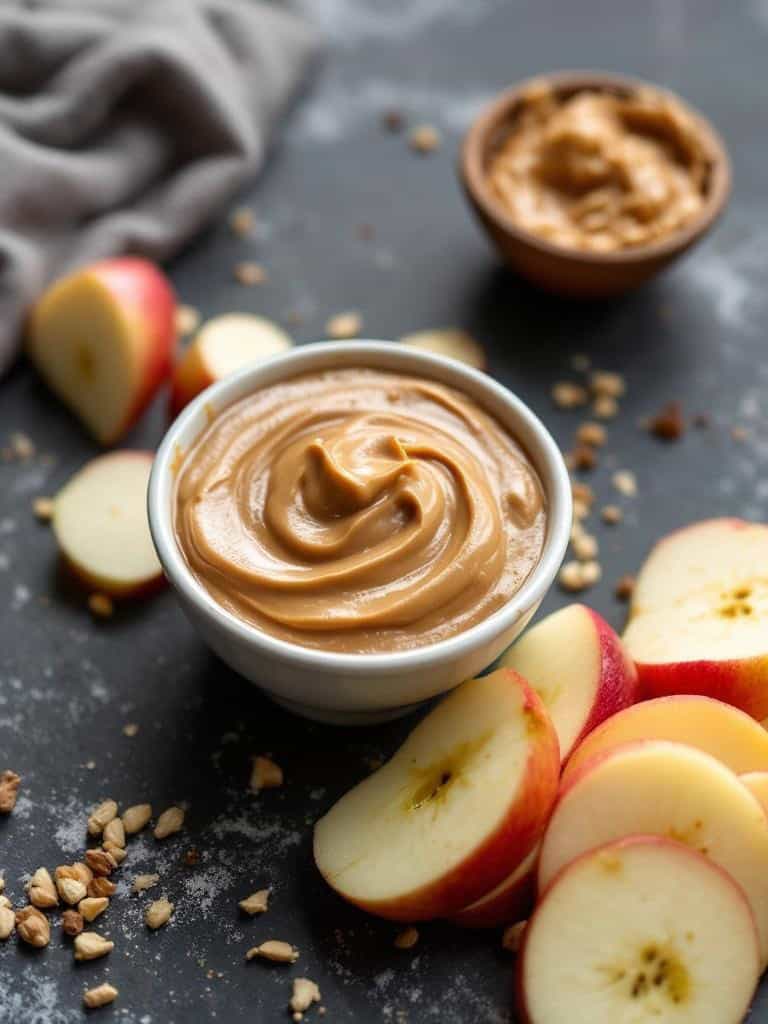 Sliced apples with a bowl of nut butter