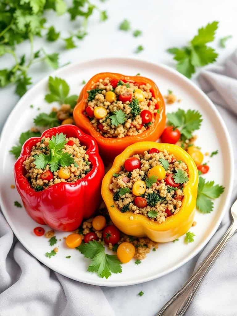 Three stuffed bell peppers filled with quinoa, tomatoes, and herbs on a plate.
