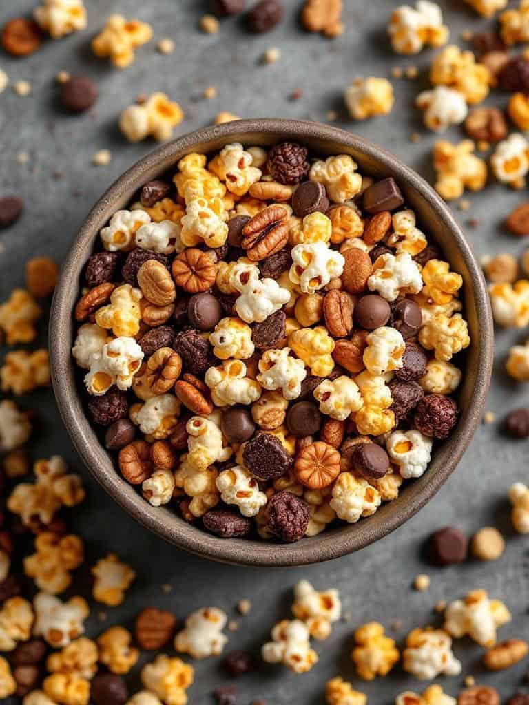 A bowl of popcorn trail mix with popcorn, nuts, and chocolate pieces.