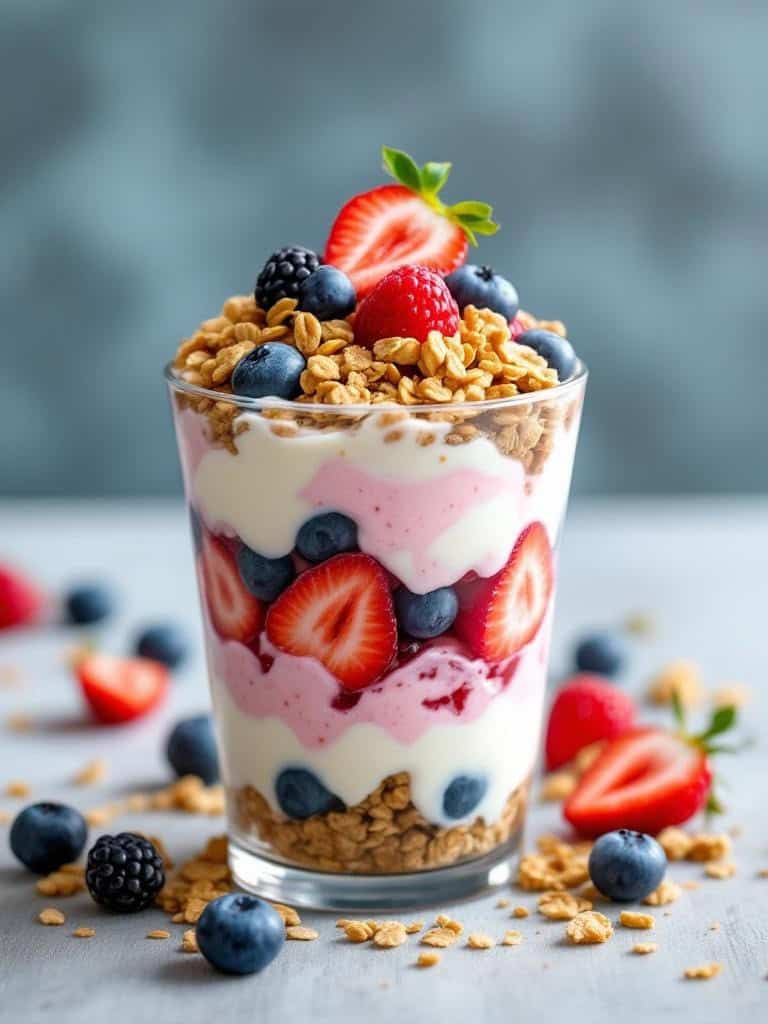 A delicious fruit and yogurt parfait with layers of yogurt, strawberries, blueberries, and granola.