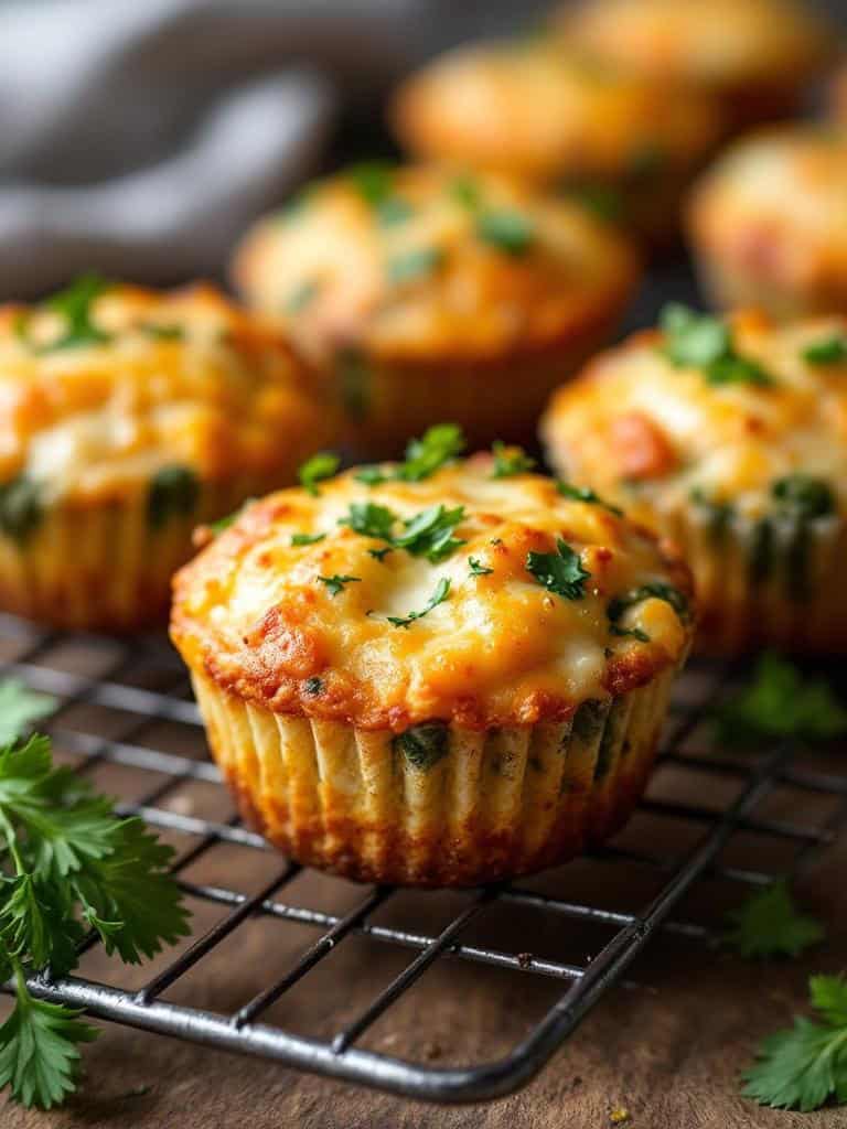 Cheesy veggie muffins on a cooling rack with fresh herbs
