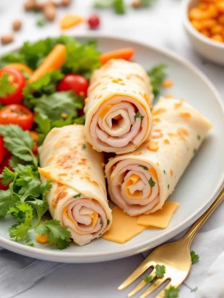Turkey and cheese roll-ups served with fresh vegetables.