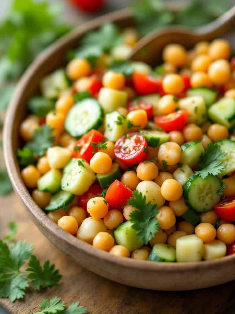 A bowl of chickpea salad with cucumbers, tomatoes, and herbs.