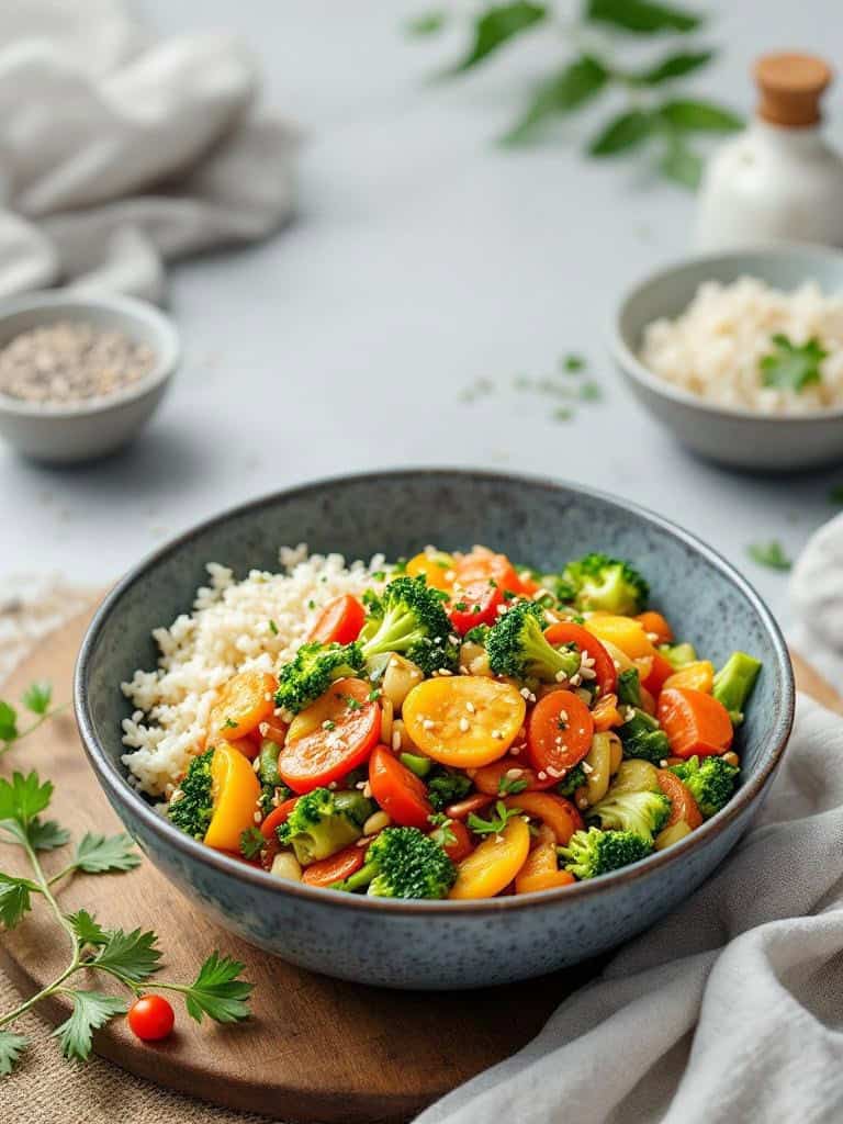 A bowl of vegetable stir-fry with broccoli, bell peppers, and carrots served with rice.