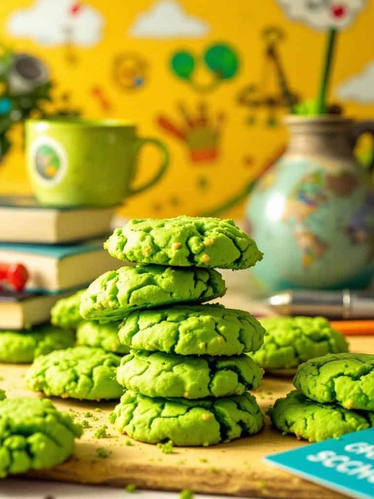 A plate of matcha green tea cookies with a glass of green tea in the background.