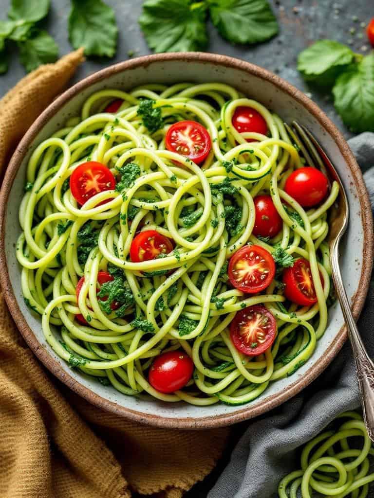 A bowl of zucchini noodles topped with pesto and cherry tomatoes.