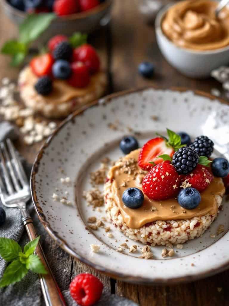 Rice cakes topped with nut butter and mixed berries on a plate.