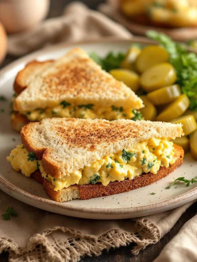 A plate with two egg salad sandwiches and pickles on the side.