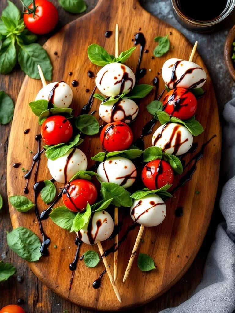 Caprese skewers with mozzarella, cherry tomatoes, and basil drizzled with balsamic glaze on a wooden board.