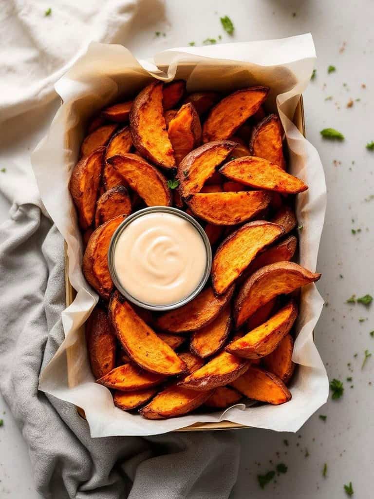 A basket of baked sweet potato wedges with a small bowl of dipping sauce.