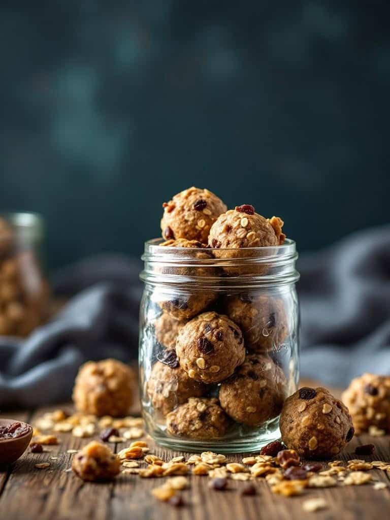 A jar filled with oatmeal raisin energy bites on a wooden table.