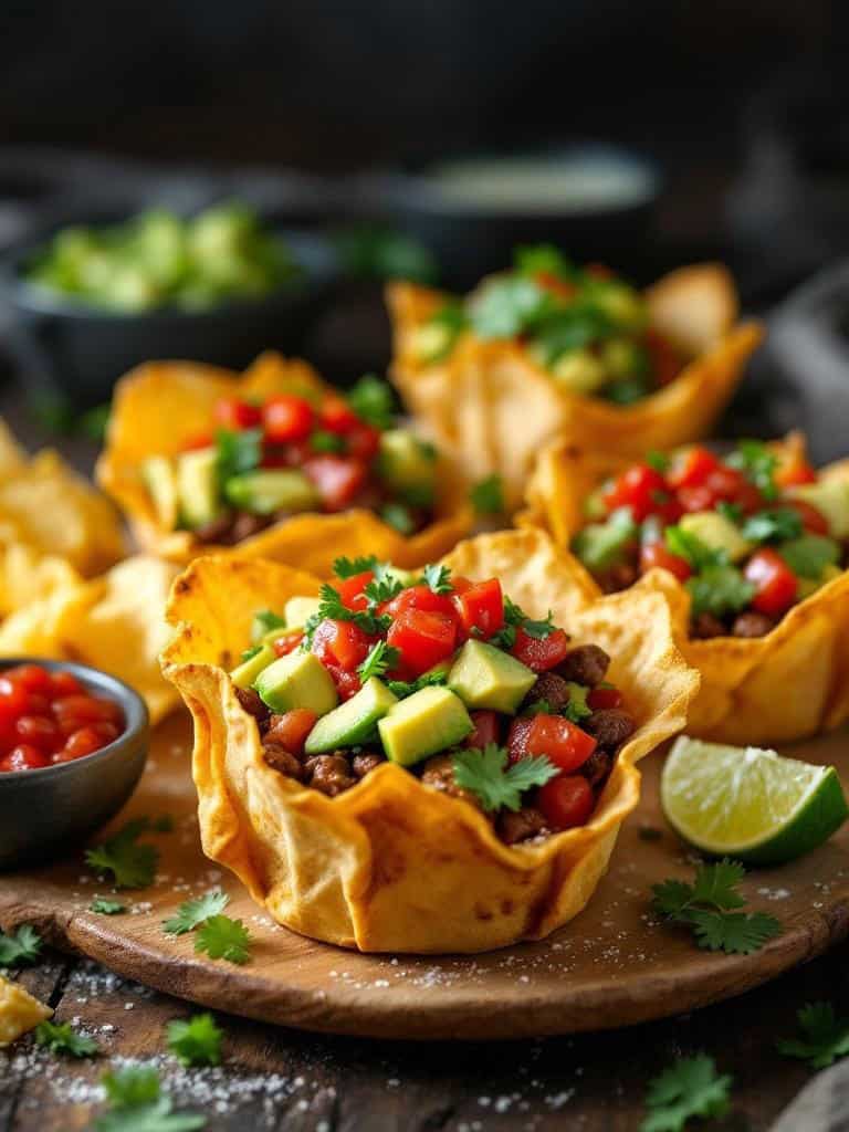 Taco salad cups filled with meat, tomatoes, and avocado, garnished with cilantro.