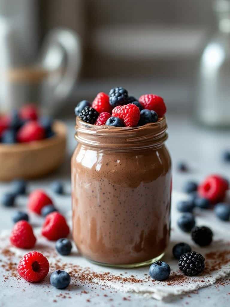 A jar of chocolate chia pudding topped with raspberries and blueberries.
