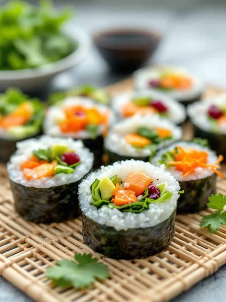 Colorful vegetable sushi rolls on a bamboo mat.
