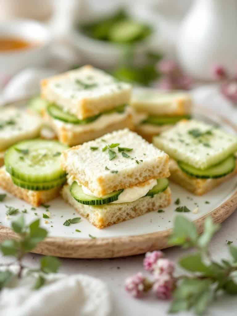 Cucumber and cream cheese sandwiches on a plate with herbs and flowers.
